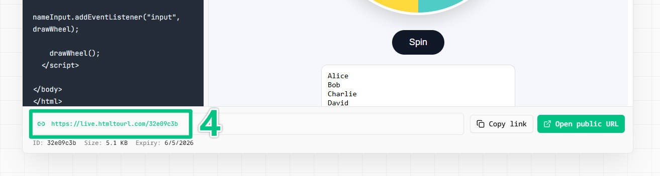 Copy the public URL after publishing an HTML preview online